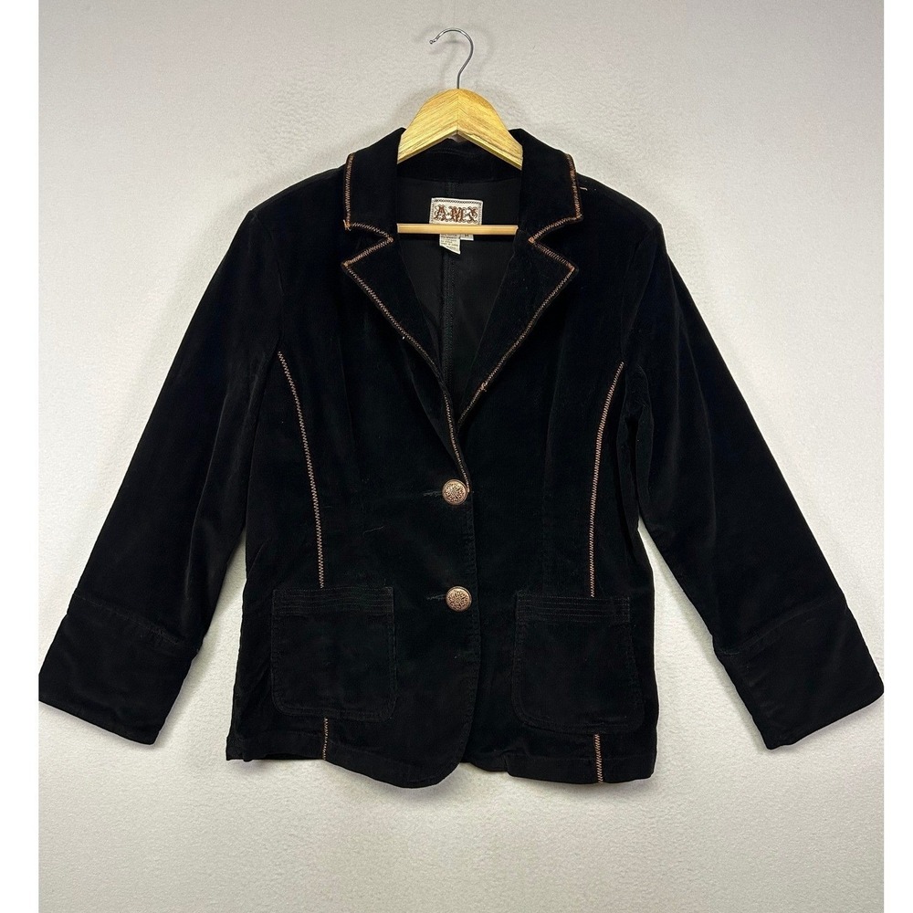 Western Boho A.M.S. Womens Size M Black Corduroy Contrast Stitch Blazer Jacket